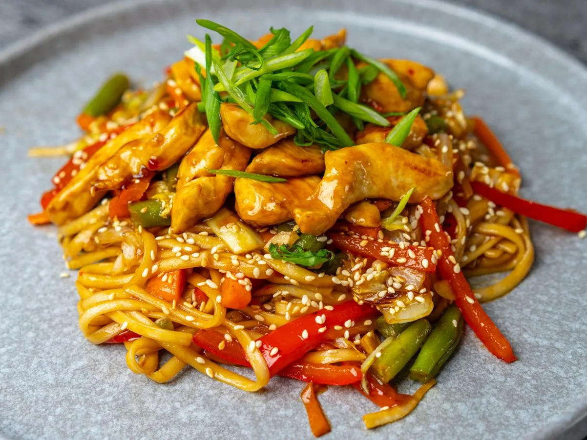 Лапша Удон с курицей и овощами.